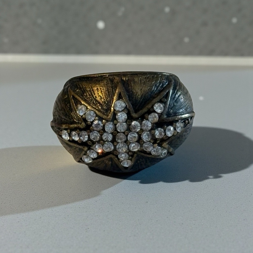 Starburst Rhinestone Dome Ring Brass Tone Cocktail Statement Chunky VTG Size 6